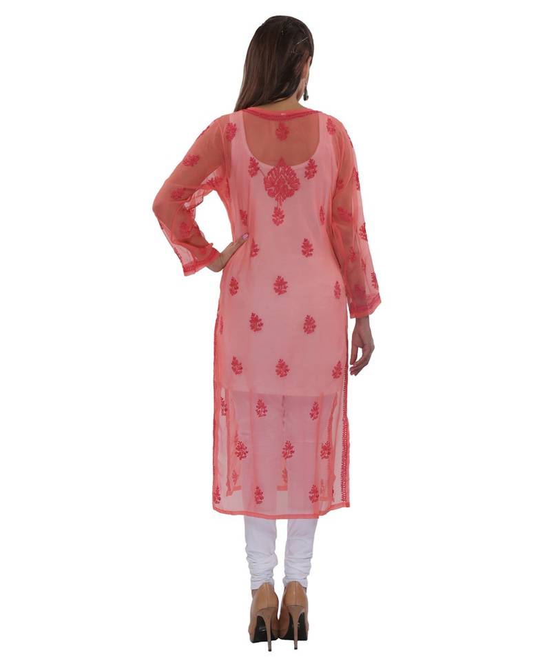 Ada Hand Embroidered Carrot Pink Faux Georgette Lucknowi Chikankari Kurti