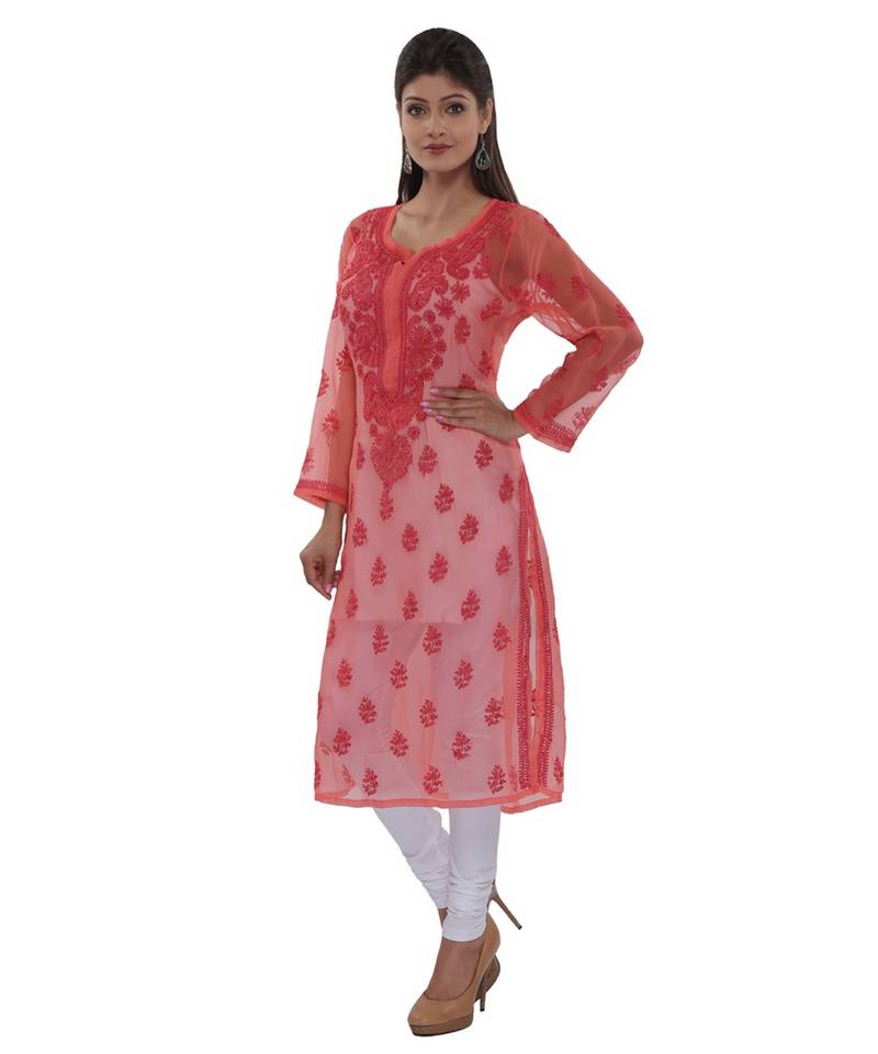 Ada Hand Embroidered Carrot Pink Faux Georgette Lucknowi Chikankari Kurti