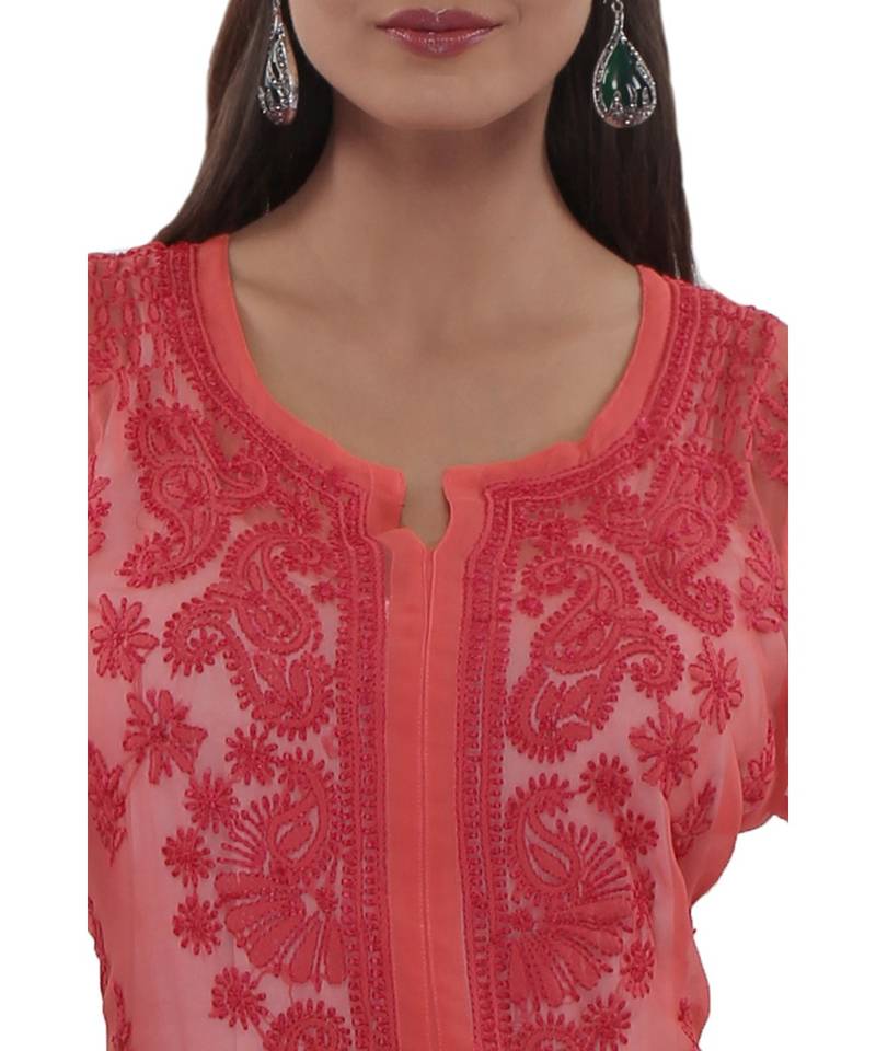 Ada Hand Embroidered Carrot Pink Faux Georgette Lucknowi Chikankari Kurti