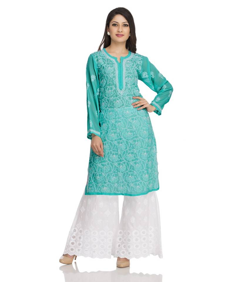 Ada Hand Embroidered Sea Green Georgette Lucknowi Chikan Kurti