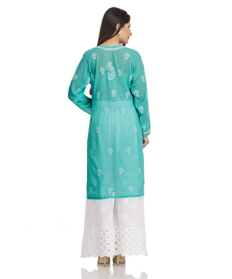 Ada Hand Embroidered Sea Green Georgette Lucknowi Chikan Kurti