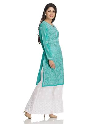 Ada Hand Embroidered Sea Green Georgette Lucknowi Chikan Kurti 4