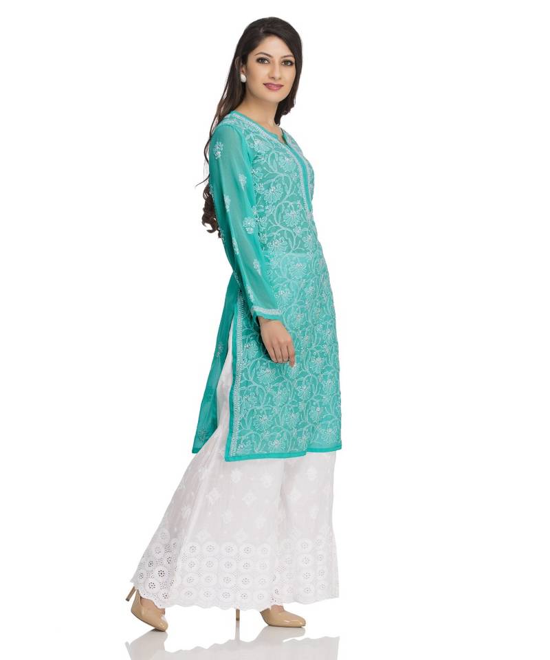 Ada Hand Embroidered Sea Green Georgette Lucknowi Chikan Kurti