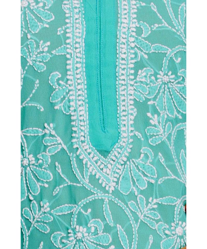 Ada Hand Embroidered Sea Green Georgette Lucknowi Chikan Kurti