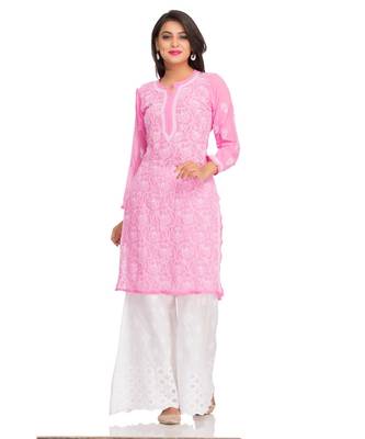 Ada Hand Embroidered Pink Faux Georgette Lucknowi Chikankari Women Kurti - A95522 1