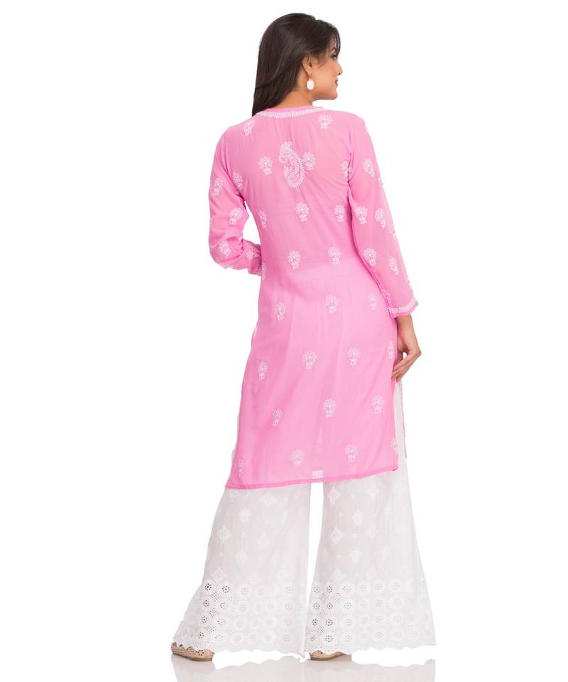 Ada Hand Embroidered Pink Faux Georgette Lucknowi Chikankari Women Kurti - A95522