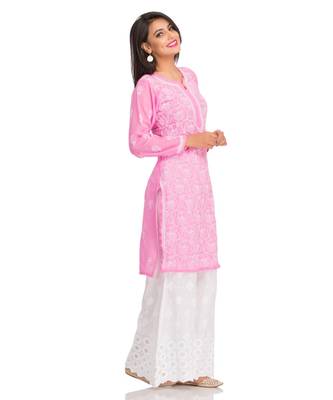 Ada Hand Embroidered Pink Faux Georgette Lucknowi Chikankari Women Kurti - A95522 3
