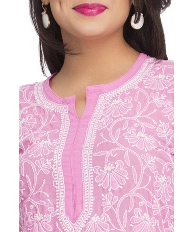 Ada Hand Embroidered Pink Faux Georgette Lucknowi Chikankari Women Kurti - A95522