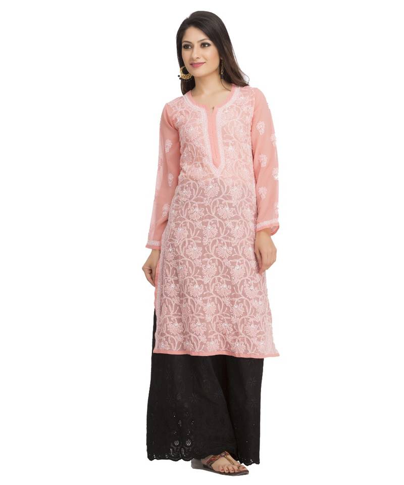 Ada Hand Embroidered Peach Faux Georgette Lucknow Chikankari Kurti