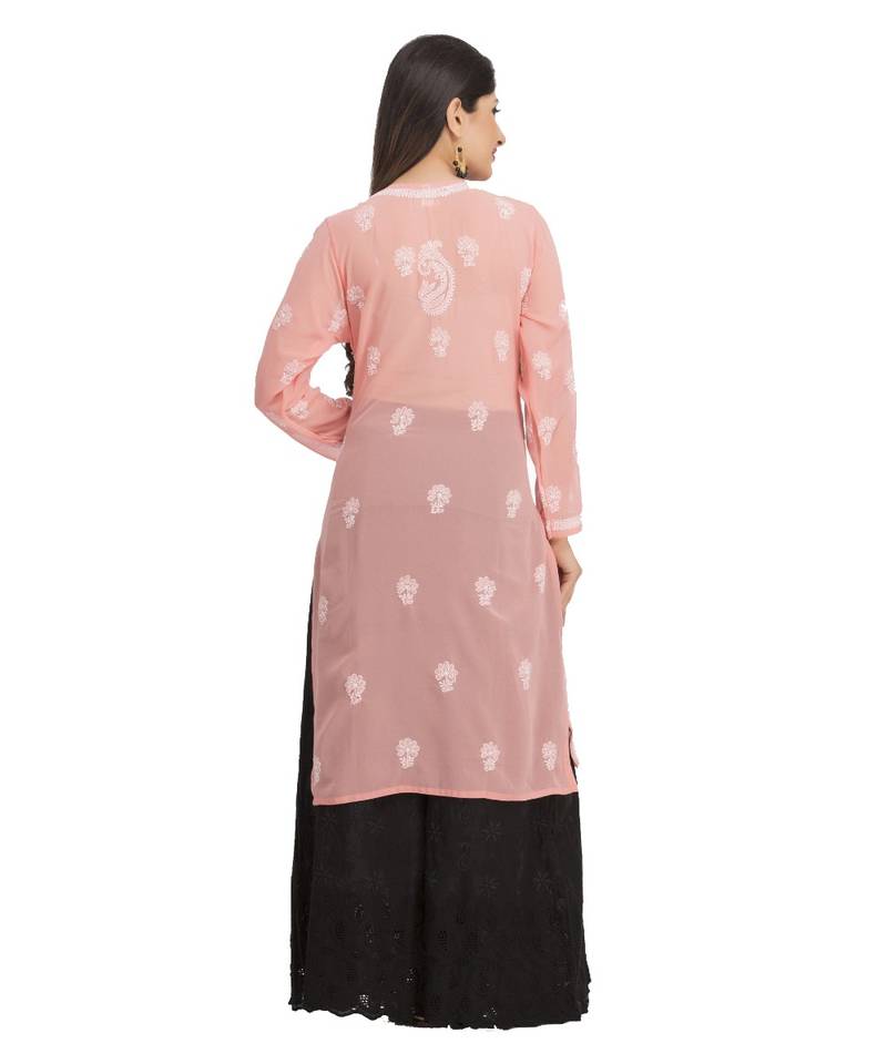 Ada Hand Embroidered Peach Faux Georgette Lucknow Chikankari Kurti