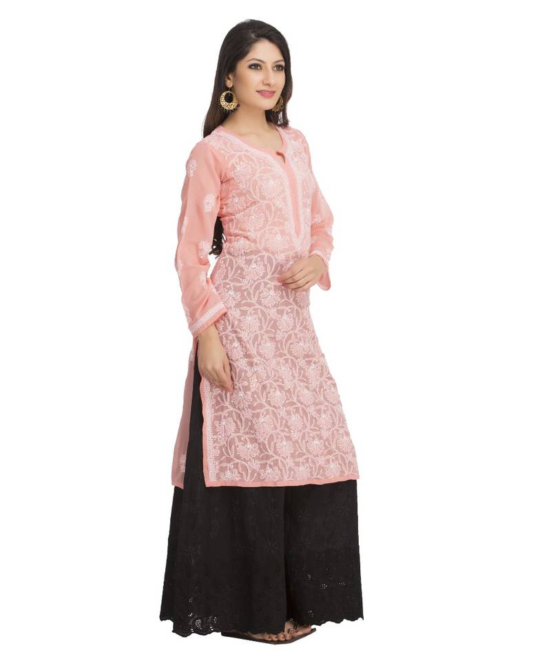 Ada Hand Embroidered Peach Faux Georgette Lucknow Chikankari Kurti