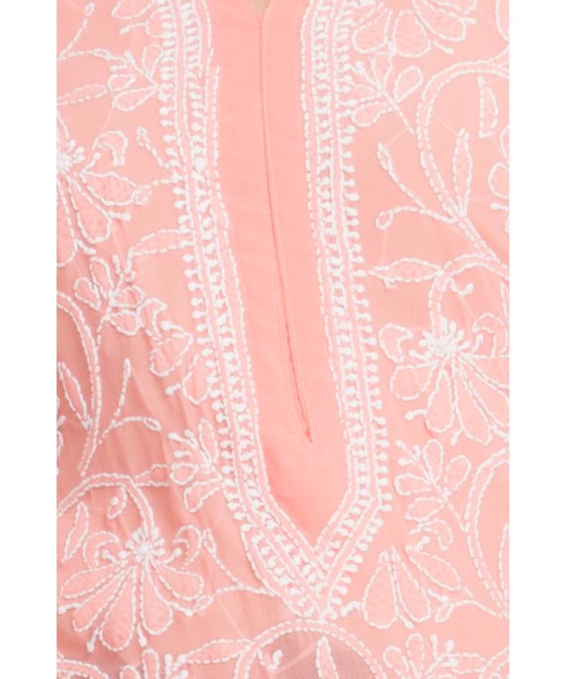 Ada Hand Embroidered Peach Faux Georgette Lucknow Chikankari Kurti