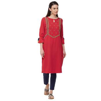 Red embroidered cotton kurti 1
