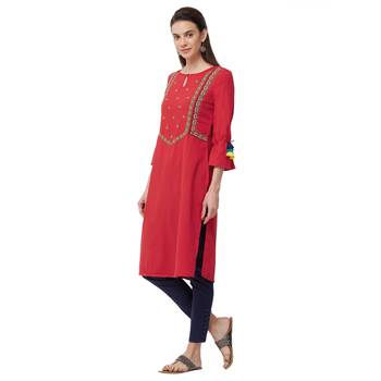 Red embroidered cotton kurti 2