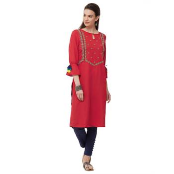 Red embroidered cotton kurti 4