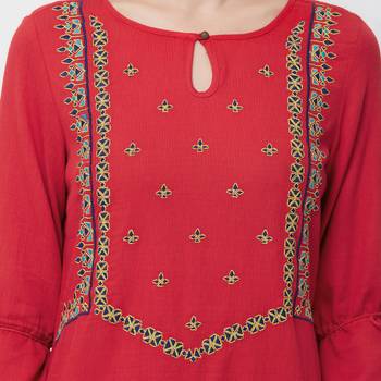 Red embroidered cotton kurti 5