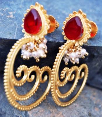 Spiral Paan Ruby Dangler Earrings with Pearl Bunches 1