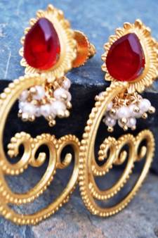 Spiral Paan Ruby Dangler Earrings with Pearl Bunches