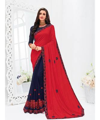 red embroidered silk_blend saree with blouse 1