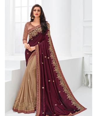 maroon embroidered chiffon saree with blouse 1