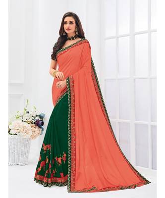 orange embroidered chiffon saree with blouse 1