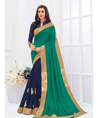 green embroidered silk_blend saree with blouse 1