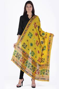 Yellow Katha Embroidery Dupatta