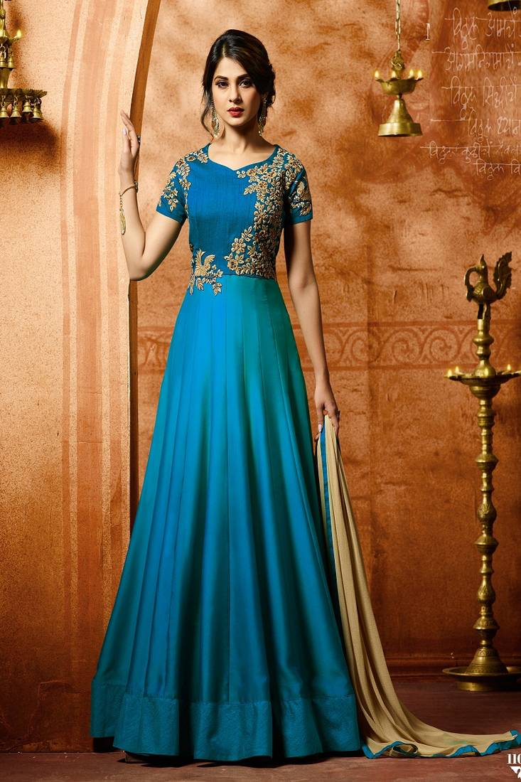 Turquoise embroidered matka silk salwar