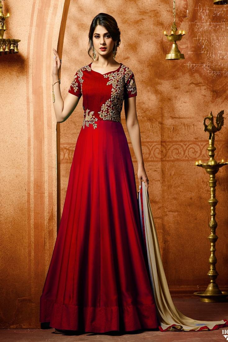 Red embroidered matka silk salwar