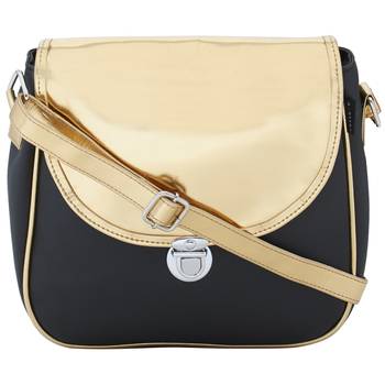 Haqeeba Casual Women Leatherette Black & Gold Sling Bag 1