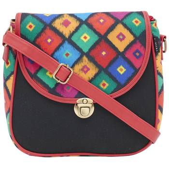Haqeeba Casual Women Black Diamond Print Multicolored Canvas Sling Bag 1