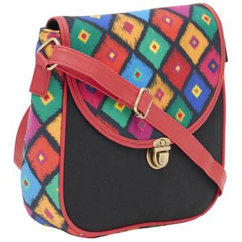 Haqeeba Casual Women Black Diamond Print Multicolored Canvas Sling Bag 2