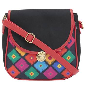 Haqeeba Casual Women Black Diamond Print Multicolored Canvas Sling Bag 1