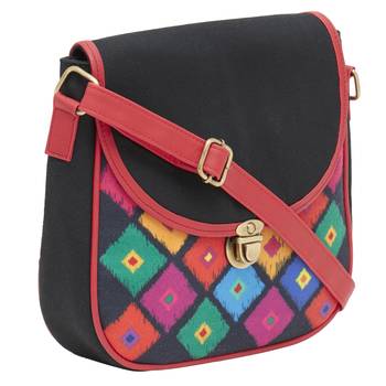 Haqeeba Casual Women Black Diamond Print Multicolored Canvas Sling Bag 2