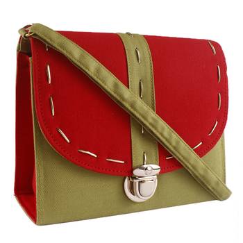 Haqeeba Casual Women Green and Red Canvas Sling Bag 2
