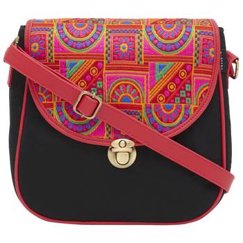 Haqeeba Casual Black, Multicolor Jacquard/Canvas Sling Bag 1