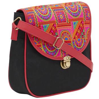 Haqeeba Casual Black, Multicolor Jacquard/Canvas Sling Bag 2