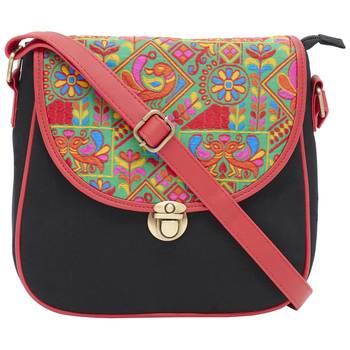 Haqeeba Casual Black, Multicolor Jacquard/Canvas Sling Bag 1