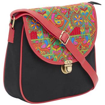 Haqeeba Casual Black, Multicolor Jacquard/Canvas Sling Bag 2
