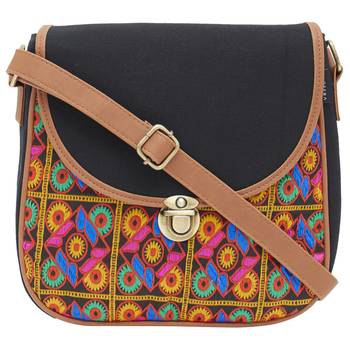 Haqeeba Casual Black, Multicolor Jacquard/Canvas Sling Bag 1