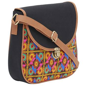Haqeeba Casual Black, Multicolor Jacquard/Canvas Sling Bag 2