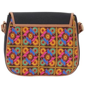 Haqeeba Casual Black, Multicolor Jacquard/Canvas Sling Bag 3