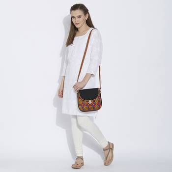Haqeeba Casual Black, Multicolor Jacquard/Canvas Sling Bag 5
