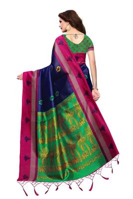 Blue printed art silk saree with blouse 4
