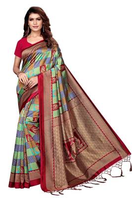 Maroon printed art silk saree with blouse 1
