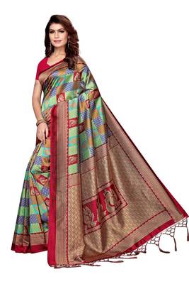 Maroon printed art silk saree with blouse 2