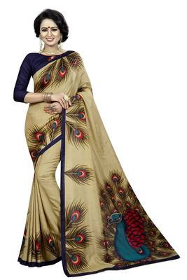 Golden printed malgudi art silk saree with blouse 1