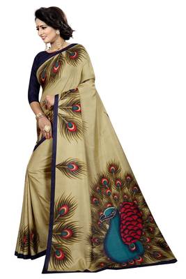 Golden printed malgudi art silk saree with blouse 2