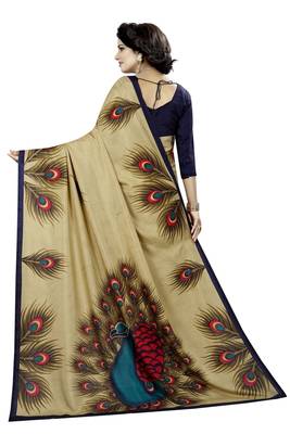 Golden printed malgudi art silk saree with blouse 3