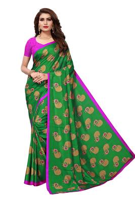 Green printed malgudi art silk saree with blouse 1